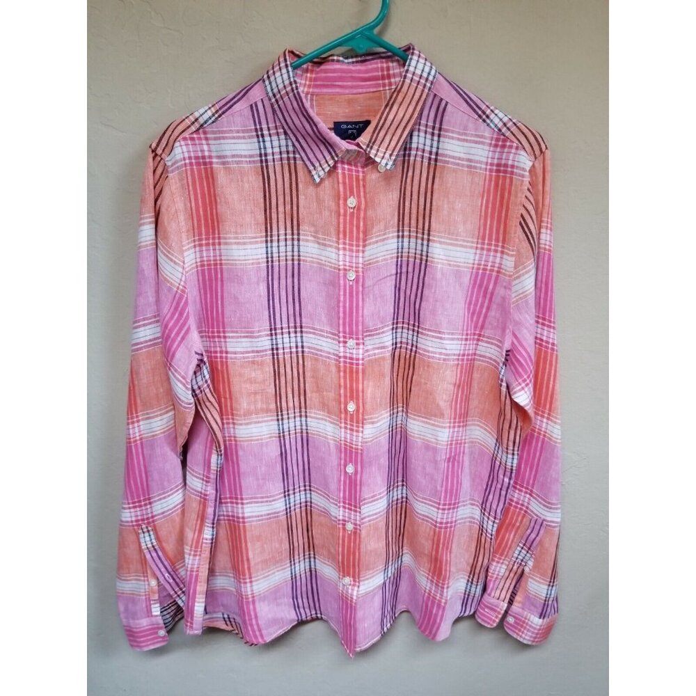 Gant Womens Button-Down 100% Linen Plaid Shirt  Size 14 Multicolor Long Sleeve